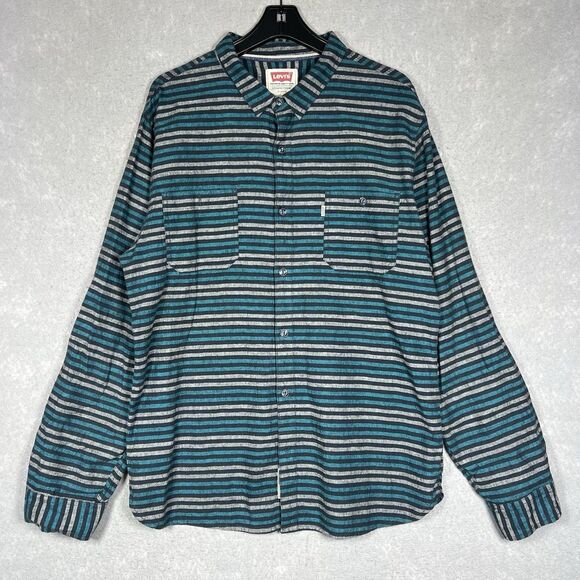 Levi's Button Up Shirt Linen Blend Striped Men's Size XL Green/Blue/Black - Picture 1 of 10